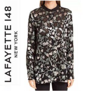 Lafayette 148 NY Brayden Floral Burnout Sheer Blouse Size Medium Black